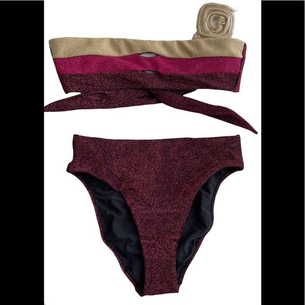 PQ Swim Garnet Color Block Metallic Bikini 2 Piece Set NWT